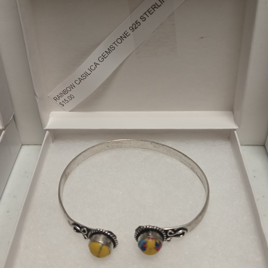 Rainbow Casilica Gemstone 925 Sterling Silver Plated Bangle 15$